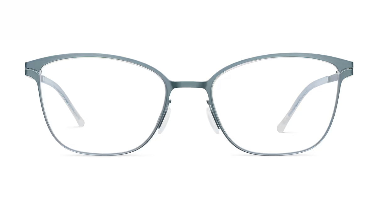 Lightweight, grey metal lool Dynara eyeglasses featuring a soft cat-eye shape and thin rims.