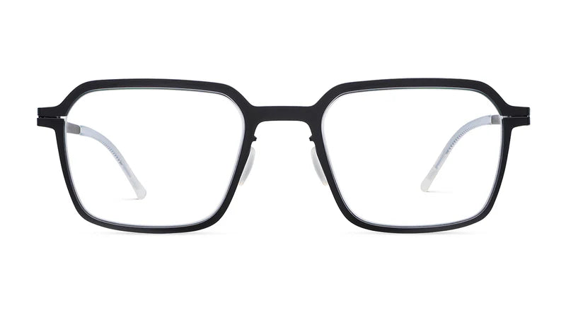 Black square eyeglass frames with clear lenses, shown from the front on a white background.
