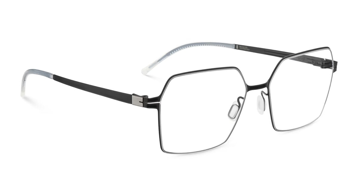 Lool Hexia black-rimmed hexagonal eyeglasses featuring a lightweight design and a seamless screwless hinge.