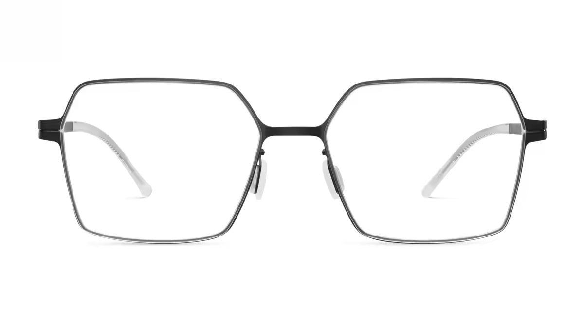 Lool Hexia geometric-shaped eyeglasses with thin black metal frames, clear lenses, and a lightweight, screwless hinge design.