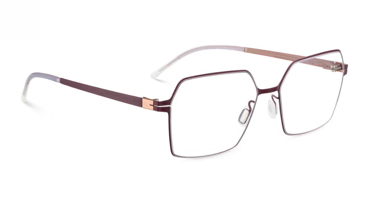 Dark purple hexagonal LOOL Hexia eyeglasses featuring slim metal frames, rose gold-toned accents, and a lightweight design.