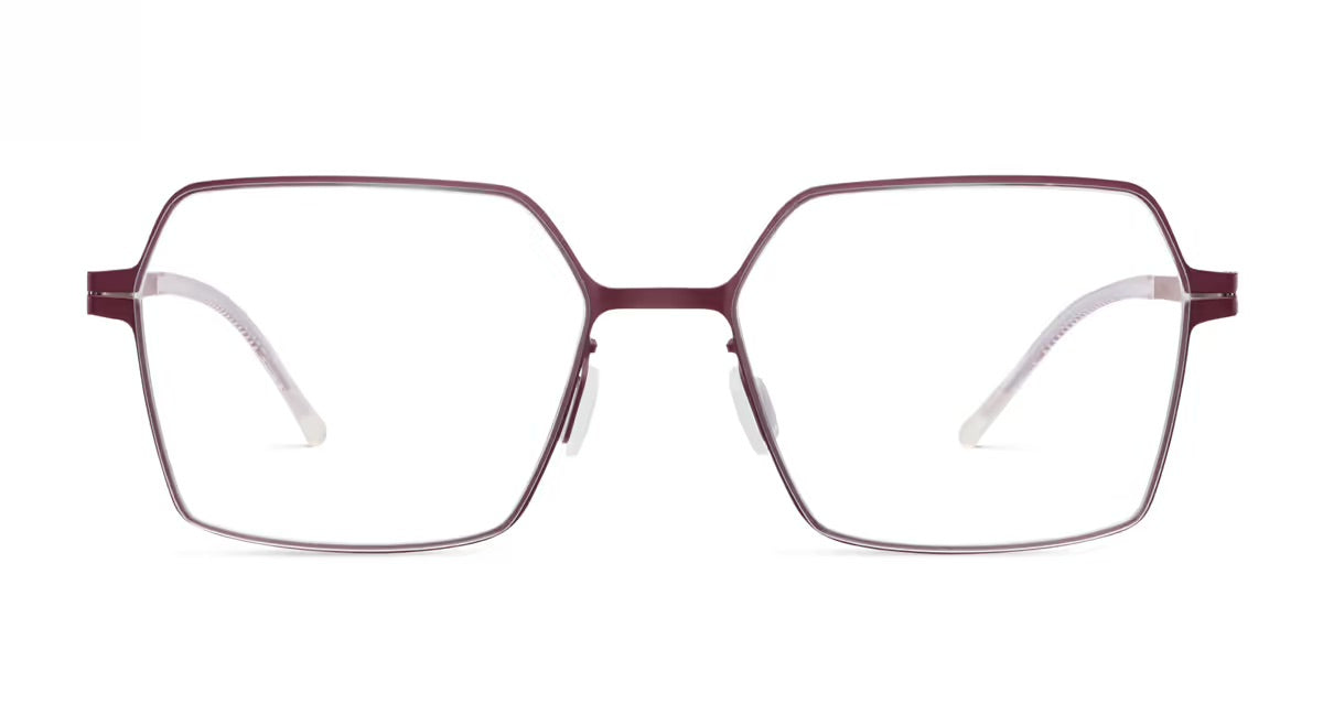 Lightweight burgundy hexagonal lool Hexia metal-frame eyeglasses with a screwless hinge.