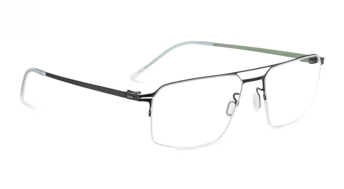 Lightweight semi-rimless lool Zenith eyeglasses featuring a rectangular metal frame with a double bridge and a screwless hinge.