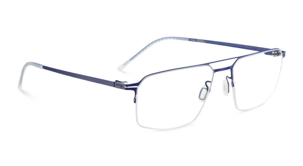 Lightweight navy blue lool Zenith semi-rimless rectangular eyeglasses with a double bridge and screwless hinge.