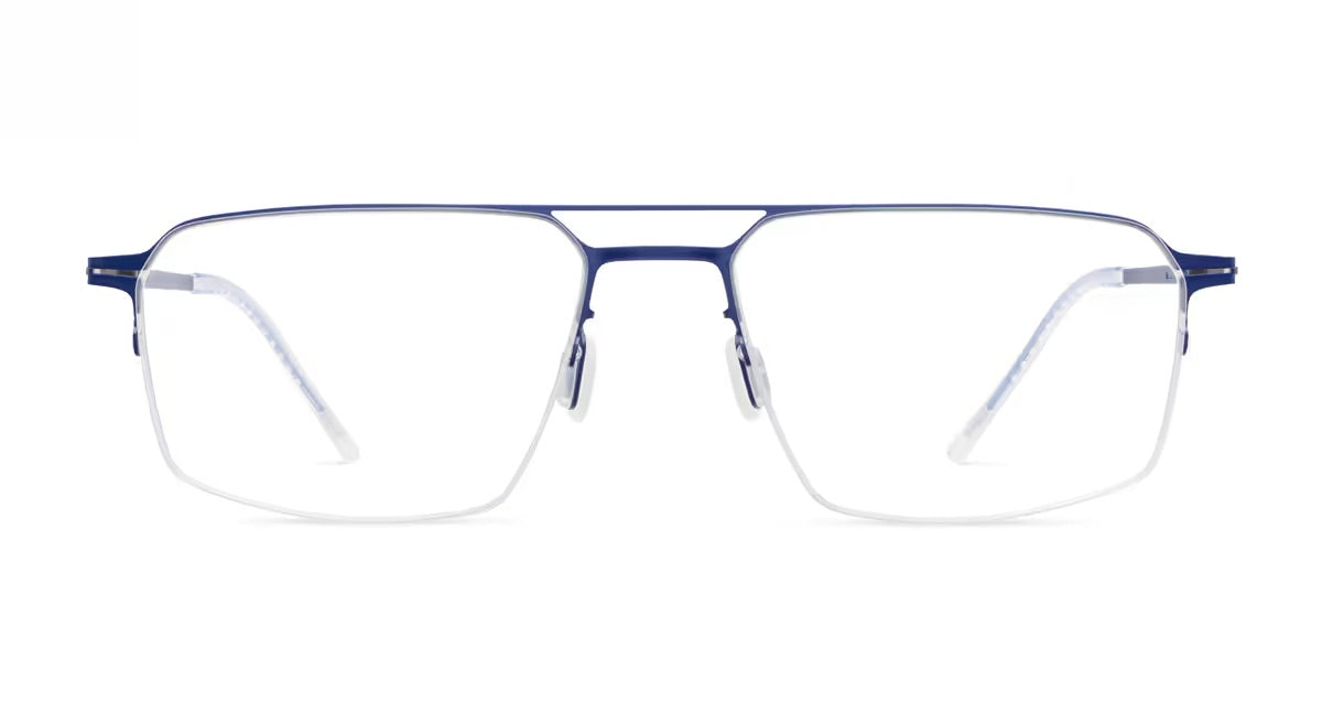 Blue rectangular lool Zenith eyeglasses with a double bridge, rimless bottom edges, and a lightweight screwless hinge design.