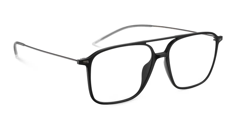 LOOL Fipple eyeglasses in black feature large rectangular metal frames and slim temples, designed with a screwless hinge for seamless durability—an innovative creation by LOOL, a leading Barcelona design studio. Shown on a white background.