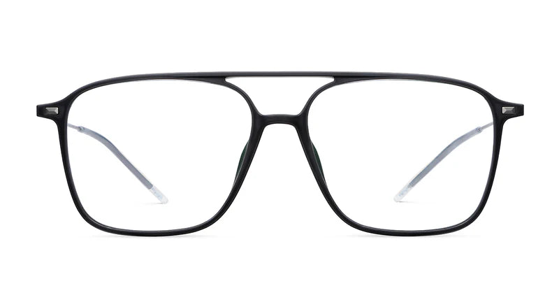 LOOL lool Fipple eyeglasses in black, shown from the front against a white background. These rectangular frames feature a double bridge design, lightweight construction, and innovative screwless hinges, reflecting the creative ethos of a Barcelona-based design studio.