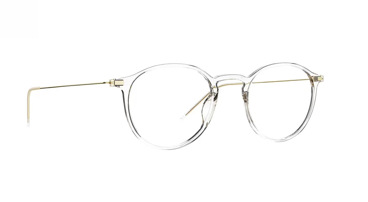 The LOOL Hangar 2 49 eyeglasses by LOOL feature clear round lenses and thin gold metal arms, presented on a white background to highlight the lightweight design from the renowned Barcelona studio.