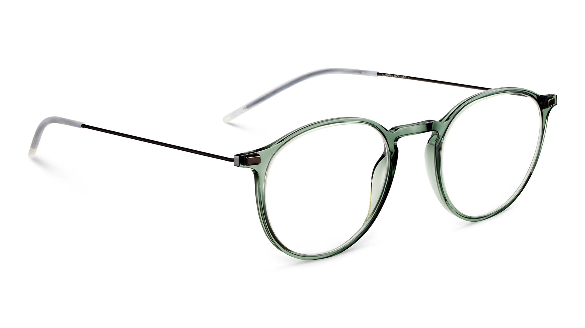 The LOOL lool Hangar 2 49 eyeglasses feature green round frames with thin black metal arms and clear temple tips, showcasing a sleek screwless hinge for enhanced durability. Designed by the Barcelona-based studio LOOL, this lightweight eyewear is displayed against a white background.