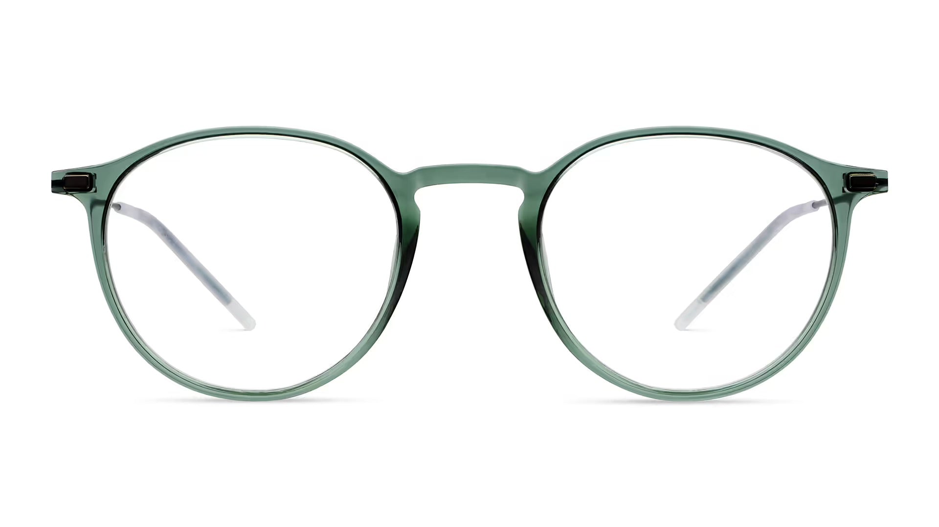 LOOL Hangar 2 49 eyeglasses by LOOL are round, green, full-rim frames with clear lenses, shown from the front against a white background. This lightweight eyewear features a screwless hinge and showcases the signature aesthetics of a Barcelona design studio.