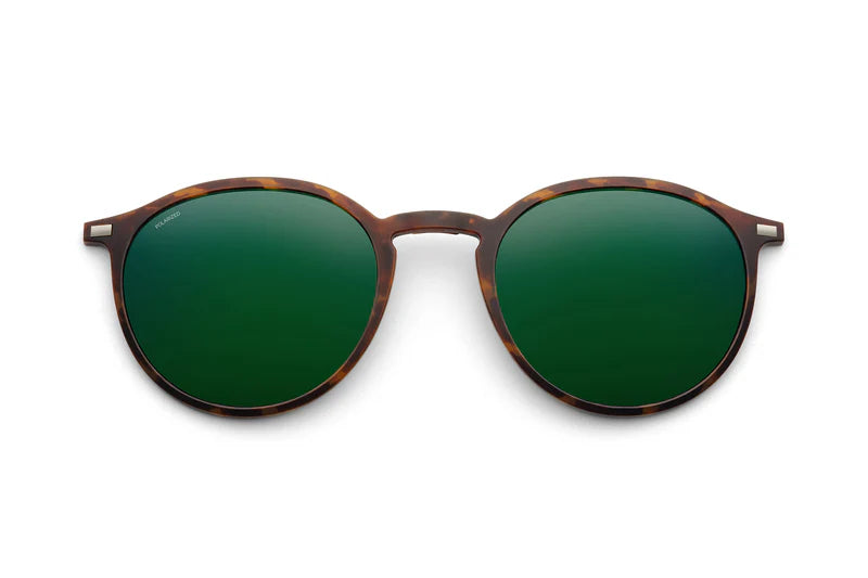 LOOL Hangar 2 Sun Clip round sunglasses with dark green lenses and a brown tortoiseshell frame, shown on a white background.
