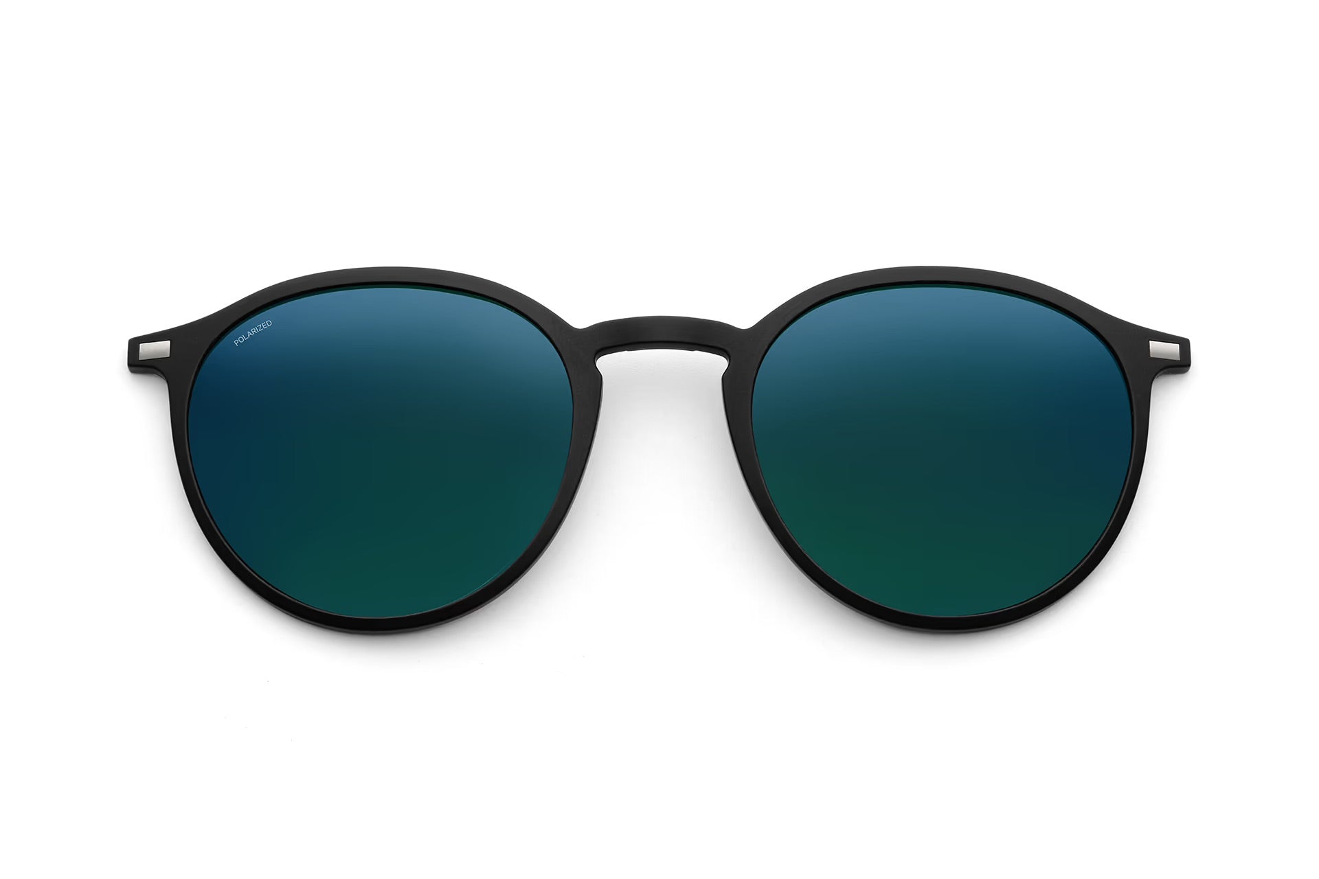 The lool Hangar 2 Sun Clip 49 by LOOL is showcased against a white background, photographed from the front to emphasize its round black frames fitted with dark blue-green gradient lenses. Designed by a Barcelona studio, these lightweight sunglasses display modern aesthetics and exceptional craftsmanship in every detail.