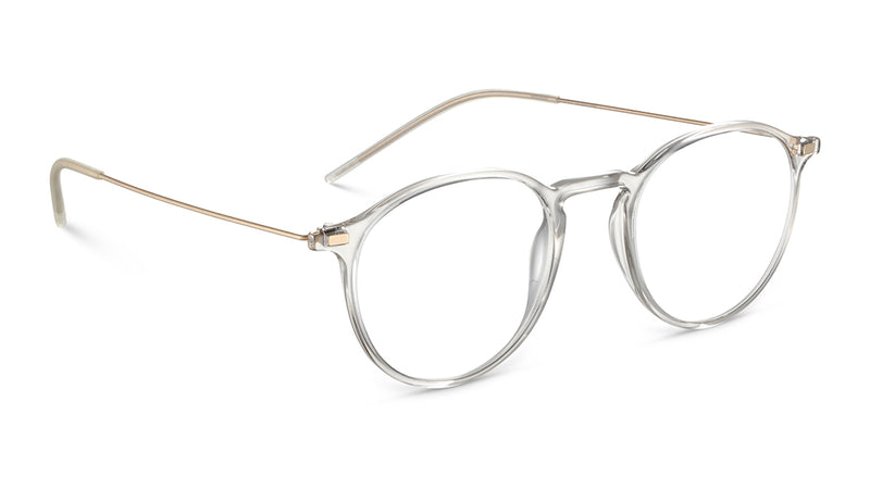 The LOOL lool Hangar 2 47 eyeglasses feature clear round lenses set in transparent plastic frames with slim gold metal arms and a screwless hinge for enhanced durability. This lightweight eyewear, inspired by modern Barcelona design, is shown on a white background.
