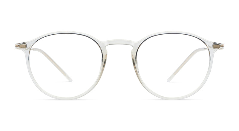 LOOL Hangar 2 47 round eyeglasses with thin, transparent plastic frames and metal hinges, shown facing forward on a white background, featuring a Barcelona-inspired design for modern elegance.