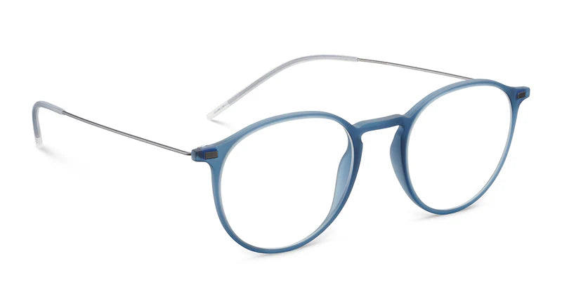 LOOL lool Hangar 2 47 round eyeglasses with blue frames and thin silver temples, featuring a screwless hinge inspired by Barcelona design, shown on a white background.