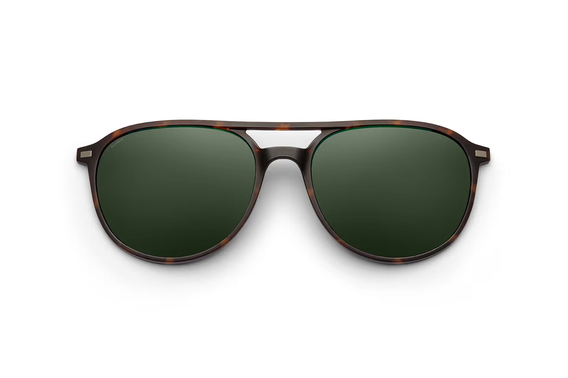 A pair of classic aviator-style sunglasses with a dark brown tortoiseshell frame and dark green lenses, shown against a plain white background.