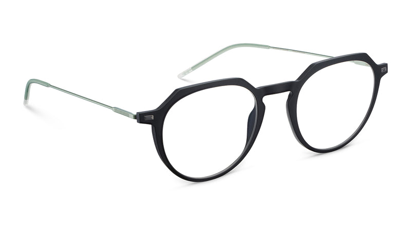 Black eyeglasses with thin metal frame on a white background
