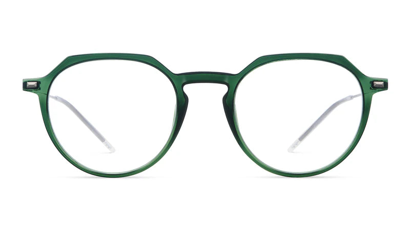 Green round eyeglass frames with clear lenses, shown from the front on a white background.