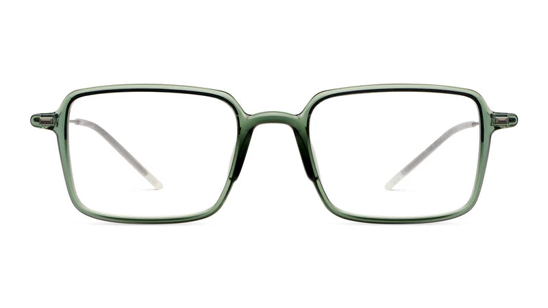 Oversized square eyeglasses with a translucent sage green acetate frame and clear lenses, shown against a plain white background.