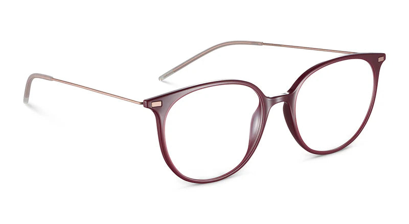 Oversized round eyeglasses with a translucent burgundy frame and slim rose gold metal temples, shown on a plain white background.