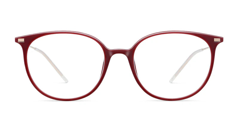 Oversized round eyeglasses with a translucent deep red acetate frame and clear lenses, shown against a plain white background.