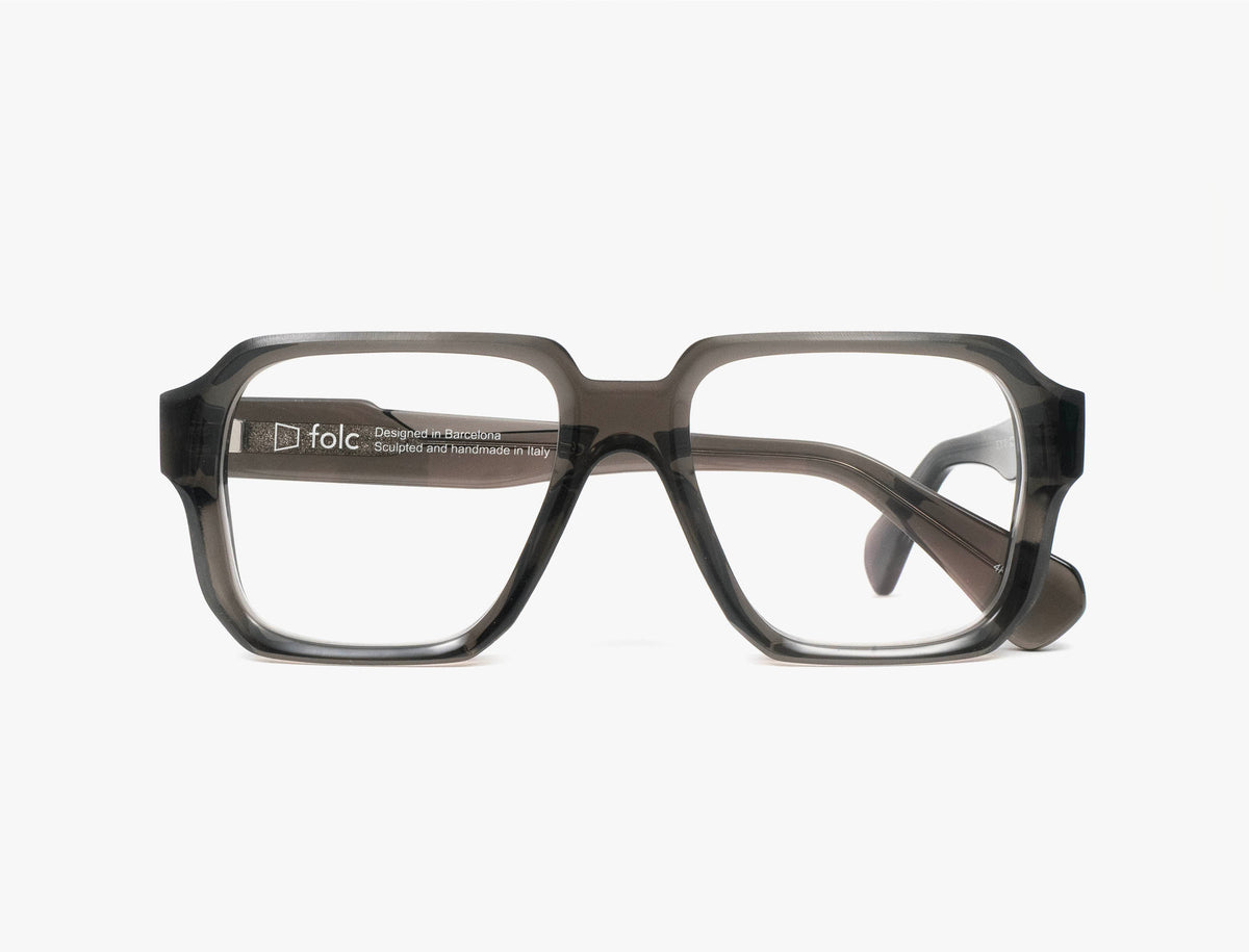 Folc Acondri contemporary square-framed, translucent grey eyeglasses crafted from Italian-made acetate.