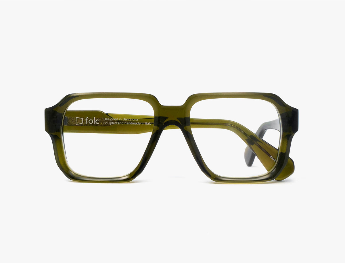 Olive green rectangular Folc Acondri eyeglasses with thick, contemporary acetate frames.