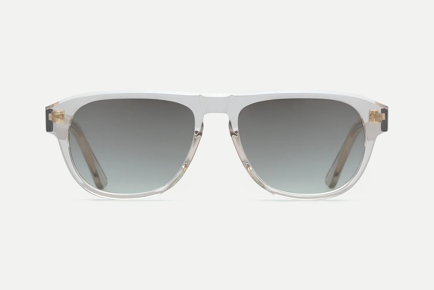 Front view of the AHLEM Carpentier sunglasses by AHLEM, featuring clear acetate pilot-shaped frames and slightly gray-tinted lenses, handcrafted in France from premium Italian acetate, displayed on a plain white background.
