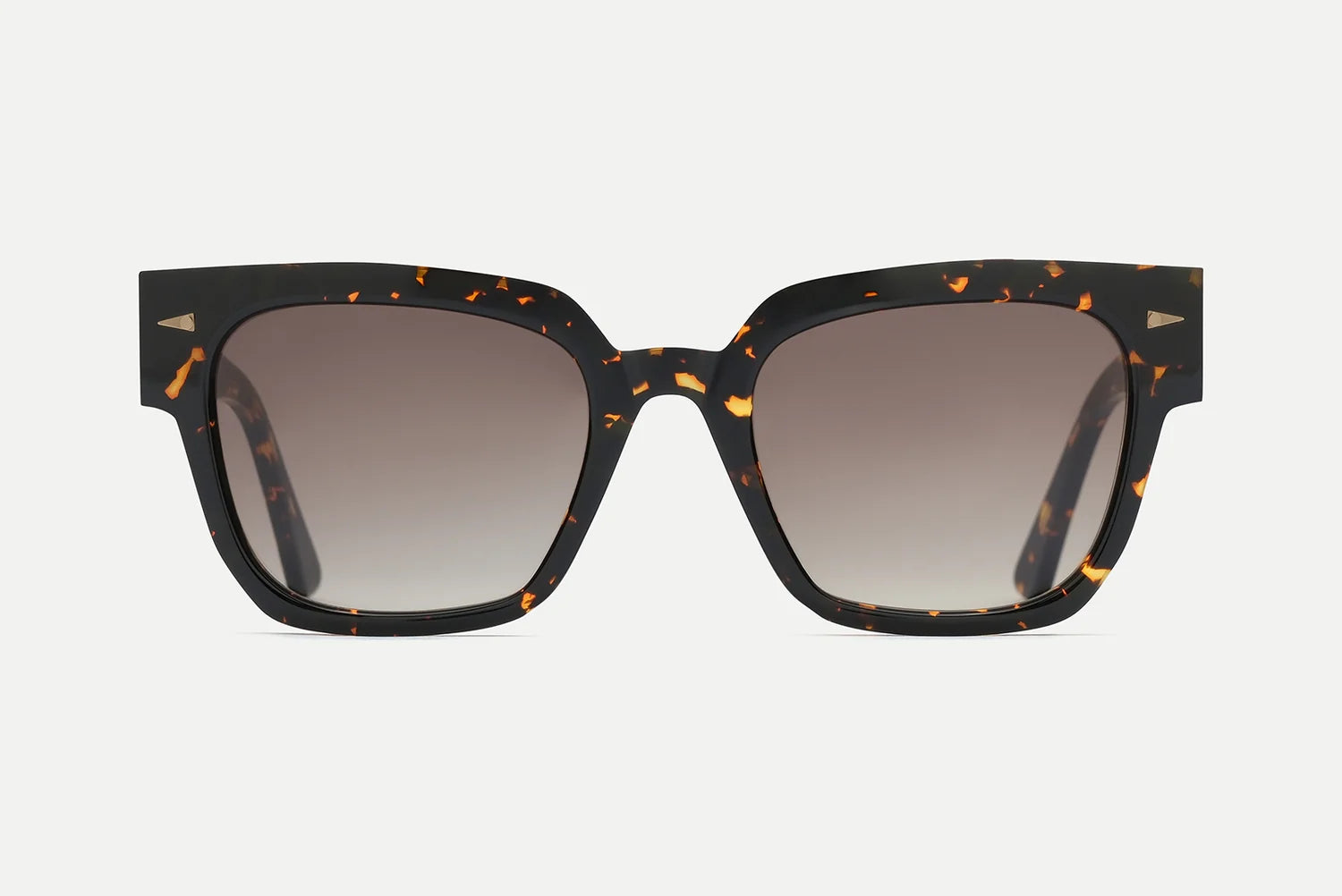 AHLEM Italiens square sunglasses by AHLEM, featuring a sophisticated tortoiseshell acetate frame crafted from plant-based materials, dark gradient lenses, and subtle metallic triangle accents on the upper corners—elegantly displayed against a plain background.