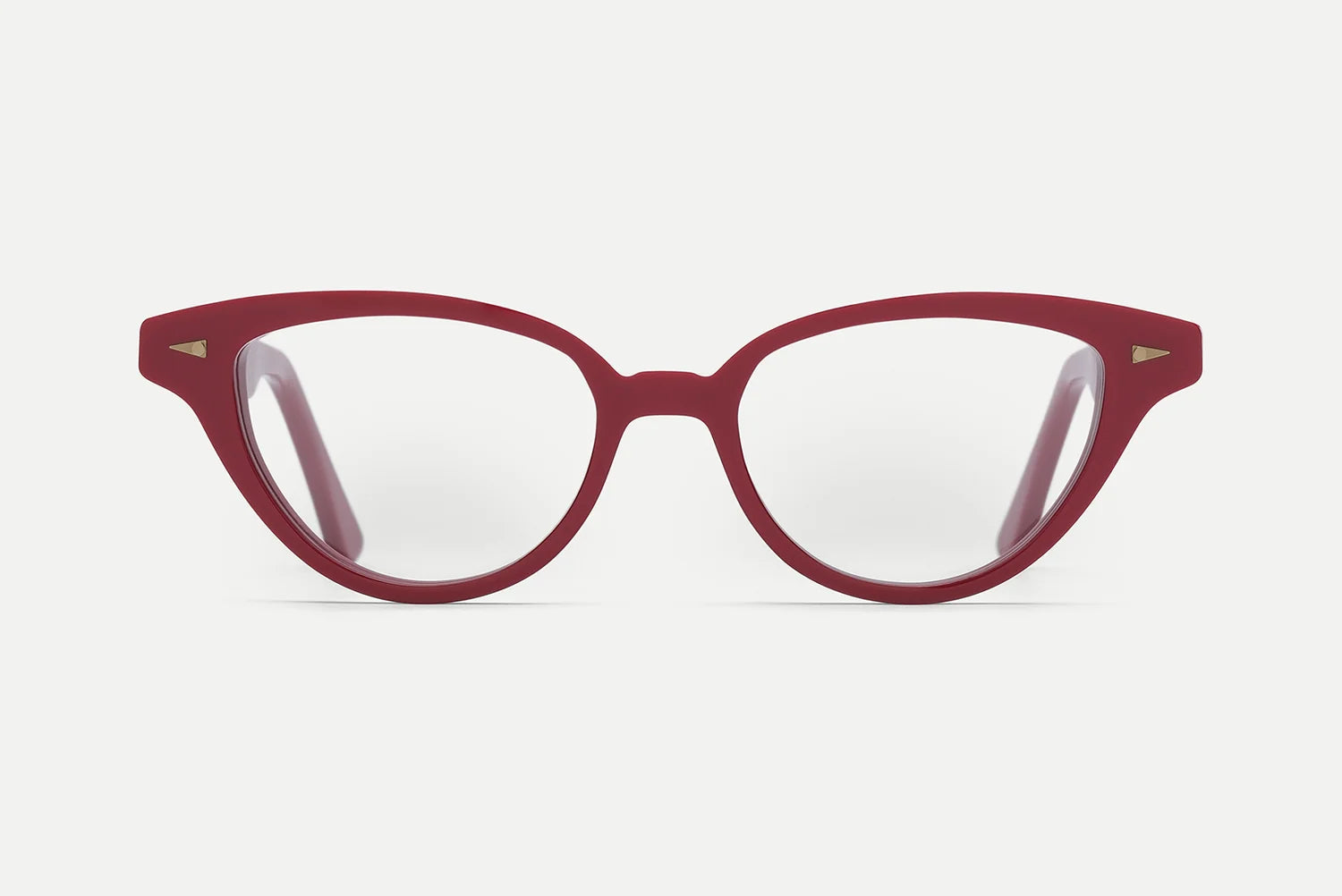 AHLEM Lilas cat-eye optical glasses in red, handcrafted in France by AHLEM from plant-based Italian acetate, feature clear lenses and are shown from the front against a plain white background.