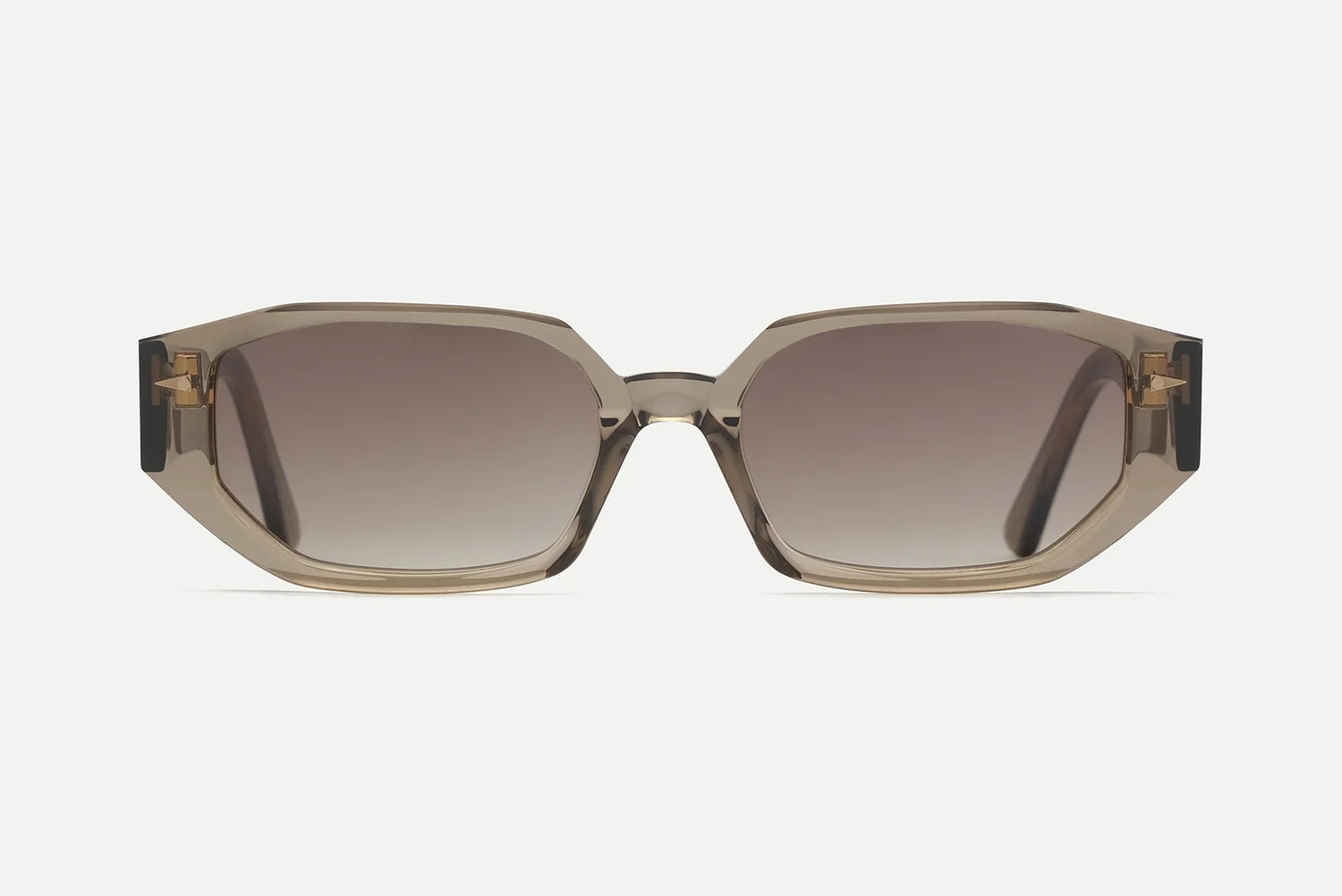 The AHLEM Poitou by AHLEM are beige geometric sunglasses with thick frames, expertly crafted from premium Italian acetate and featuring gradient brown lenses. They are displayed on a plain white background, shown from the front.