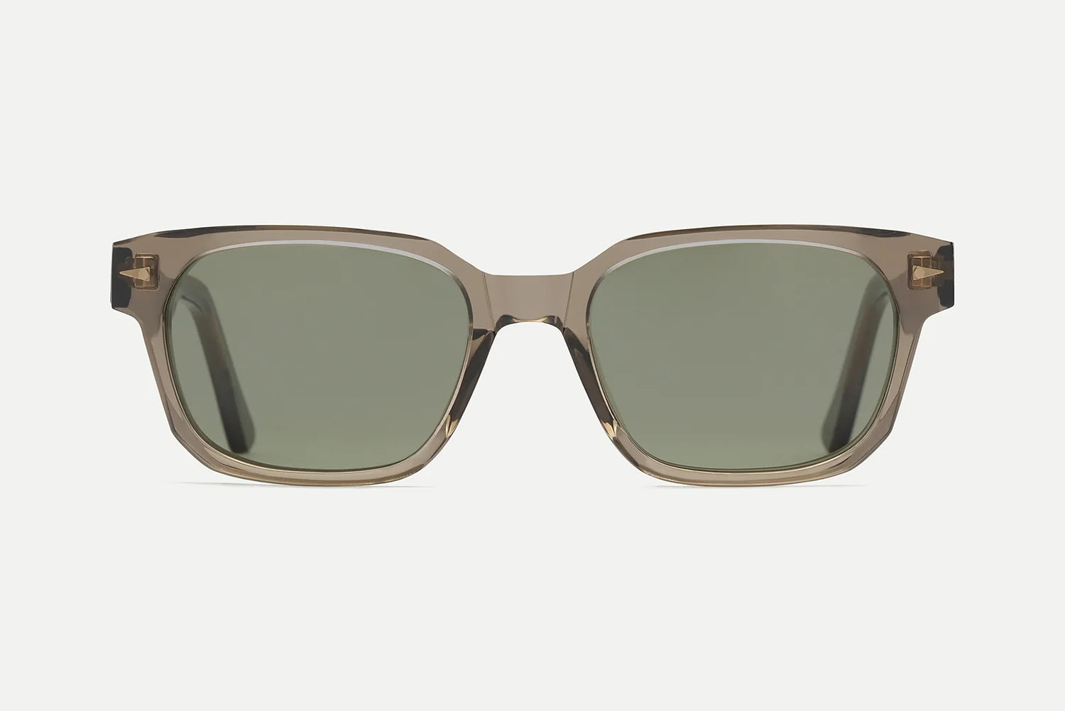 Front view of the AHLEM Sedaine square sunglasses by AHLEM, handcrafted from Italian acetate in a translucent brown finish with green tinted lenses offering 100% UV protection, set against a plain white background.