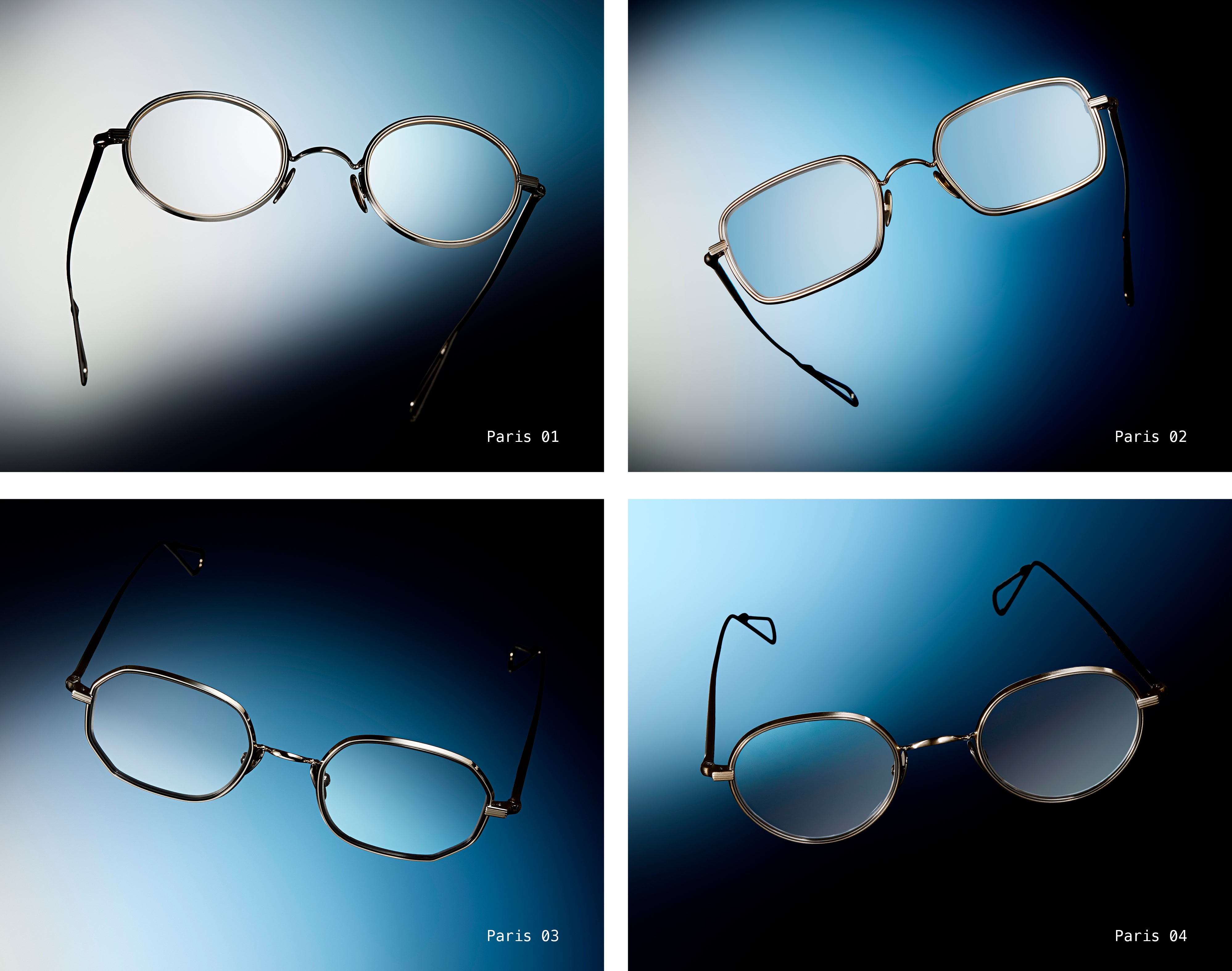 Four different pairs of AHLEM PARIS COLLECTION eyeglasses displayed against a blue gradient background.