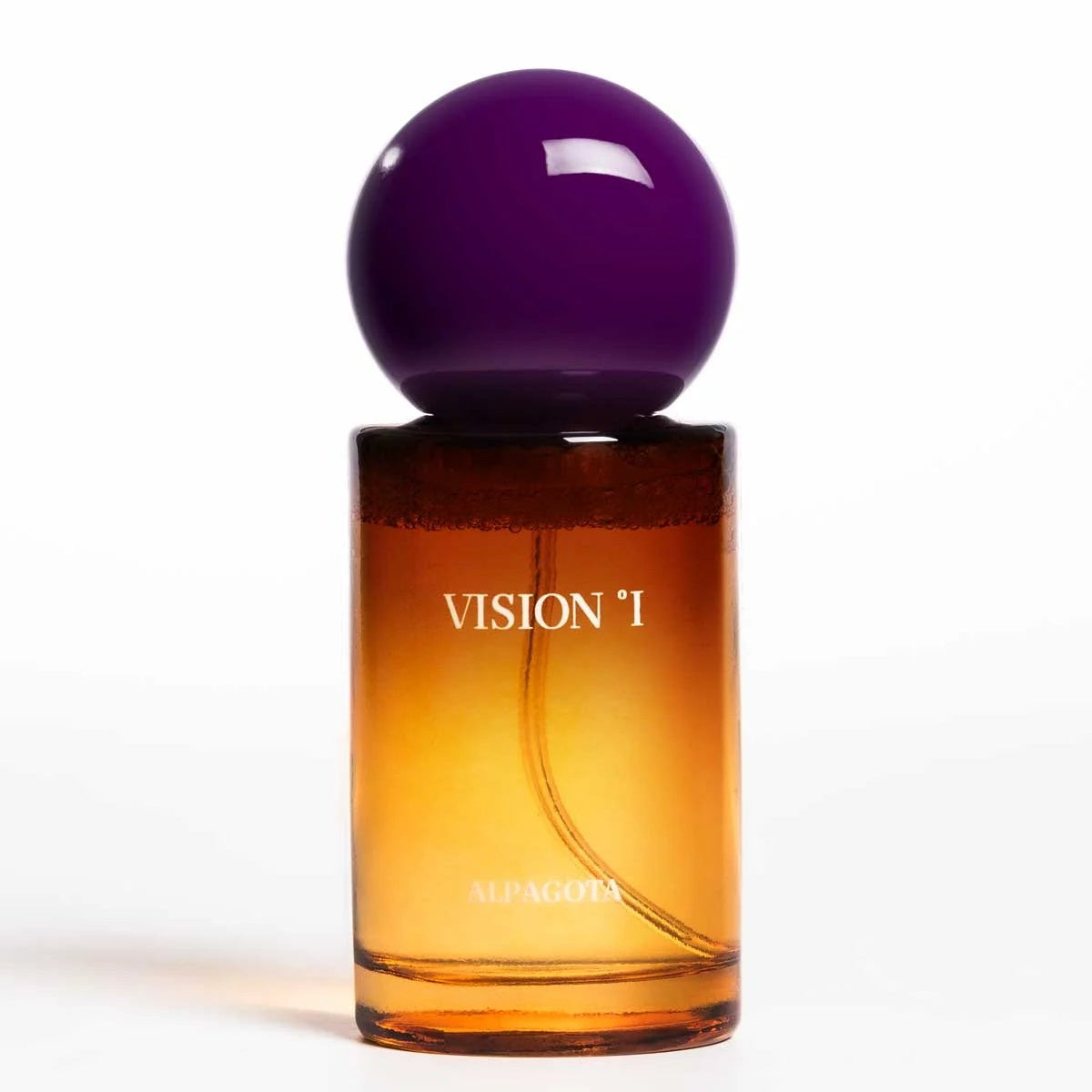 Featuring a sleek amber body adorned with the “Alpagota VISION °I - Spray” label, this perfume bottle is crowned by a bold, glossy purple spherical cap. The design captures a refined clarity reminiscent of high-end anti-static lens cleaning sprays. Presented against a plain white background, the bottle’s sophisticated aesthetic channels the allure and precision of premium lens care products—from Alpagota.