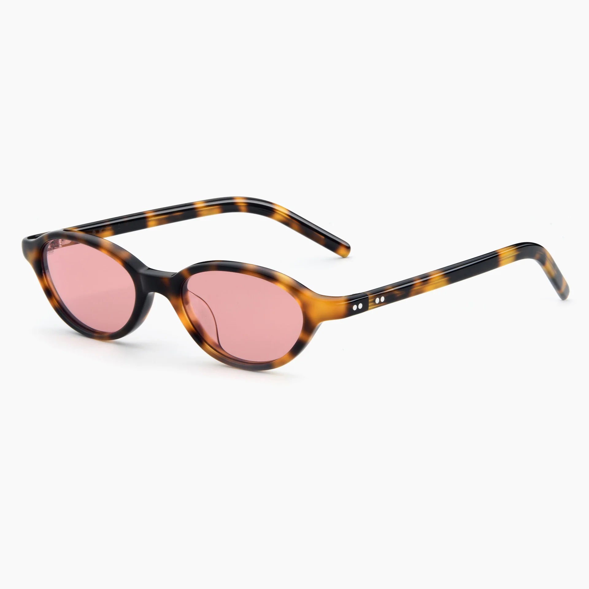 Sunglasses with tortoiseshell frame and pink lenses on a white background