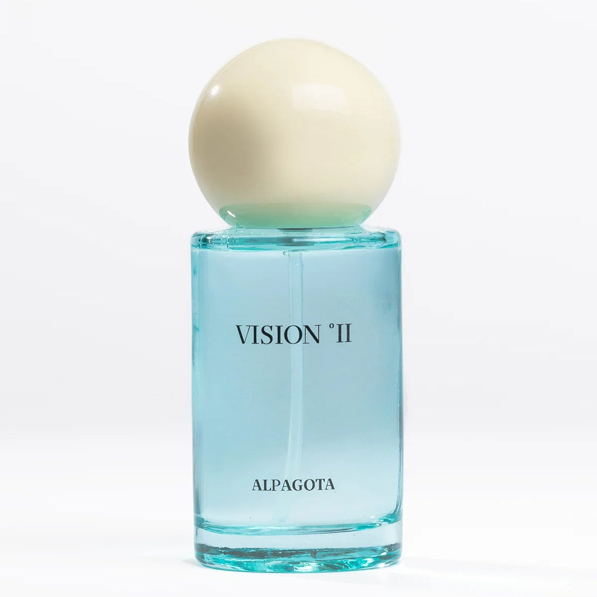 A light blue bottle of Alpagota VISION °II - Spray by Alpagota, featuring a large, round cream-colored cap and set against a plain white background, evokes the look of an elegant eyewear cleaning solution designed to keep your lenses spotless and clear.
