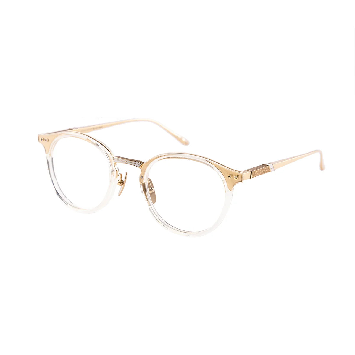 Gold-framed eyeglasses on a white background