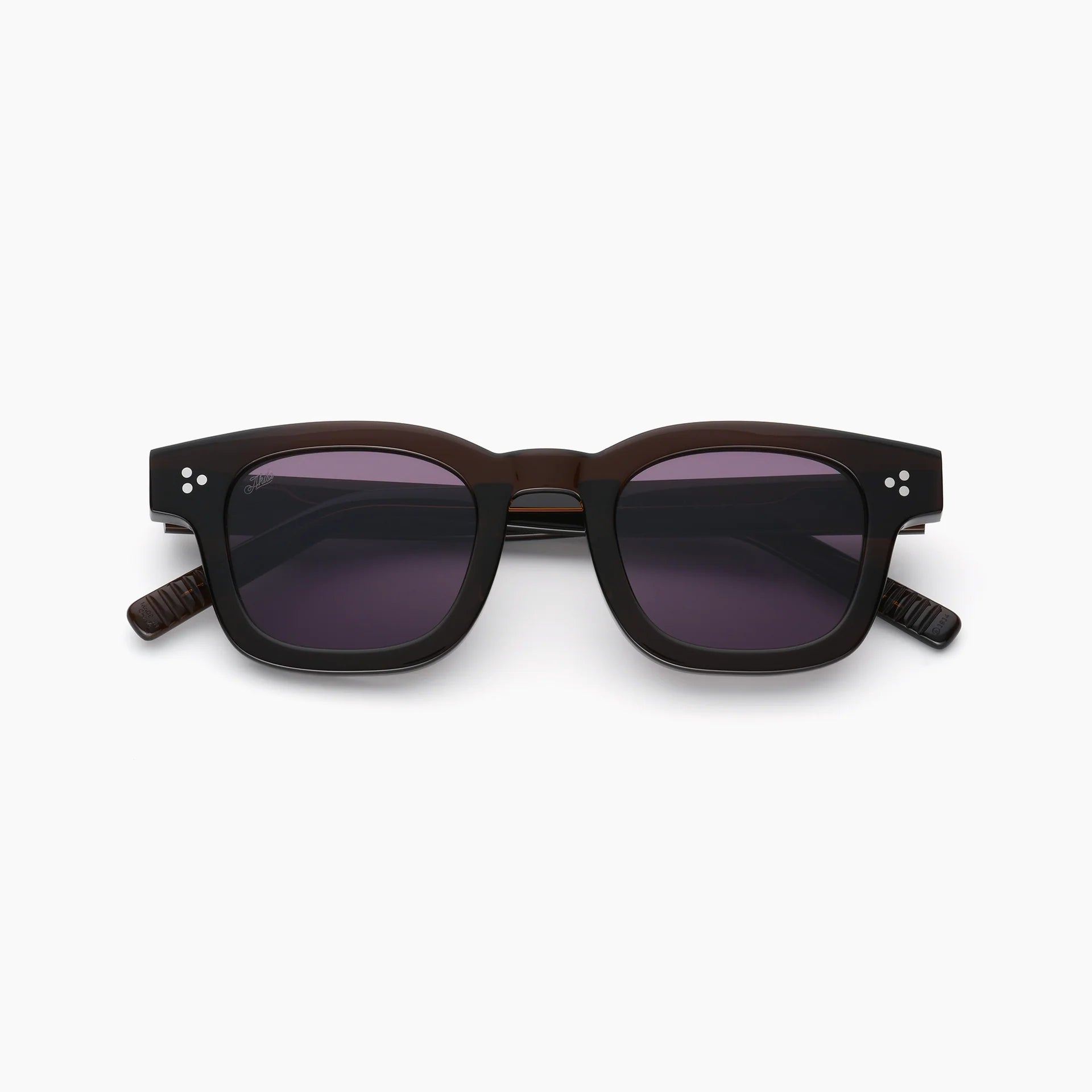 Dark square acetate sunglasses with purple-tinted lenses, white rivet accents, and thick temples, shown front-facing on a white background.