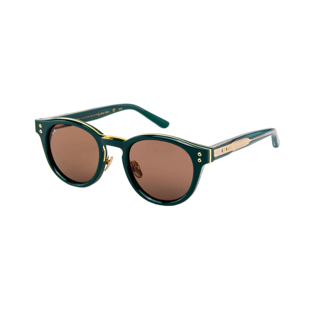 Leisure Society Atrani sunglasses by Leisure Society, featuring green round frames crafted from Japanese Zyl, gold accents, and brown tinted lenses, are showcased on a white background with the left temple arm slightly extended backward.
