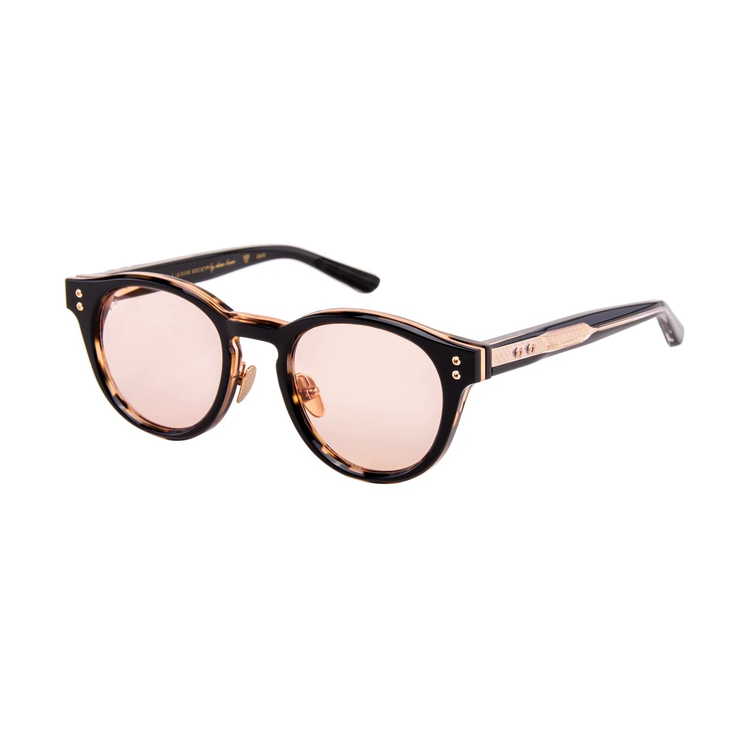 Round sunglasses with a black and brown tortoiseshell frame, rose gold metal accents, and light pink tinted lenses, shown on a plain white background.