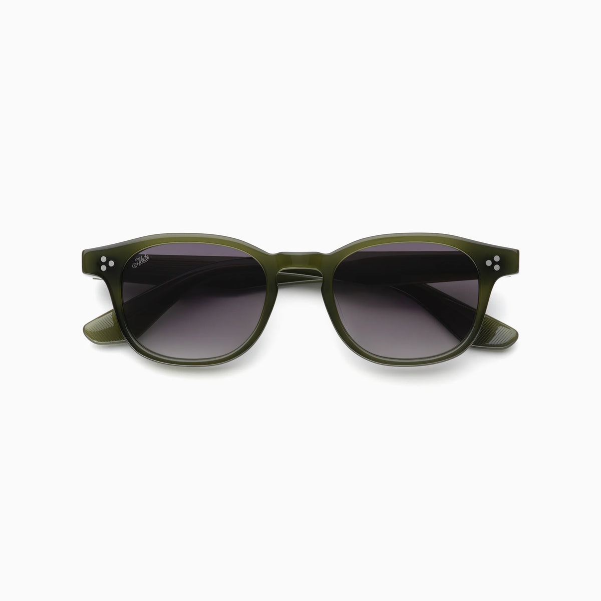 Akila Atria sunglasses by Akila, shown from the front on a plain white background, feature olive green round frames with a medium fit, dark tinted lenses, and a balanced silhouette.