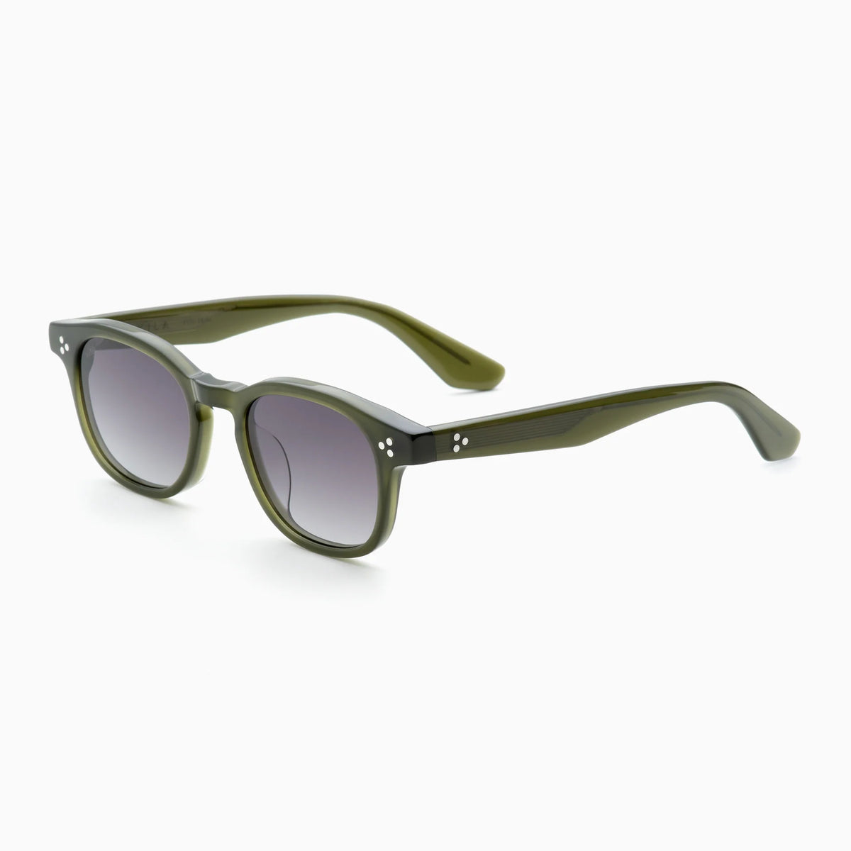 Akila Atria sunglasses by Akila, showcased on a white background, feature an olive green frame with round lenses in a gradient gray tint, accented by three small white dots at each front corner. The versatile shape and balanced silhouette make them a stylish choice.