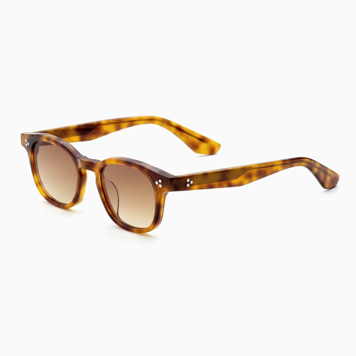 Akila Atria sunglasses by Akila feature a tortoiseshell design with medium fit and round, gradient brown lenses, complemented by thick frames and a balanced silhouette, displayed on a plain white background.