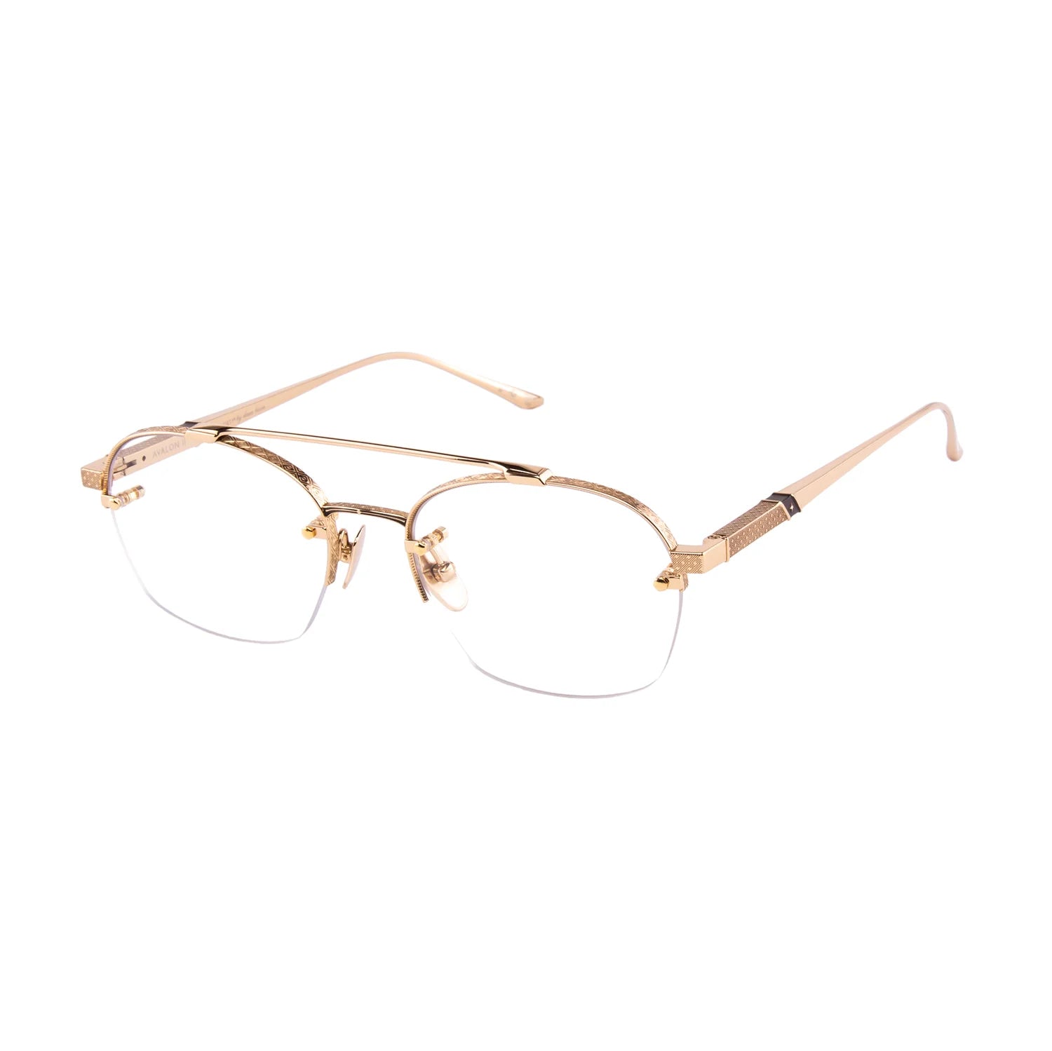 A pair of rimless eyeglasses with a slim gold-tone metal frame and clear lenses, shown against a plain white background.