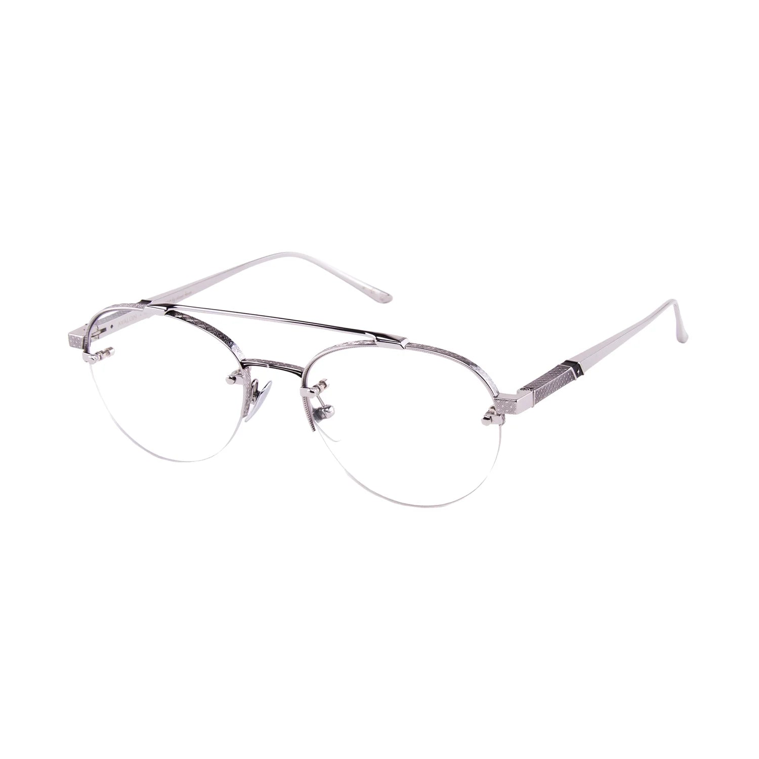 A pair of semi-rimless aviator-style eyeglasses with a thin silver-tone double bridge and clear lenses, shown on a plain white background.