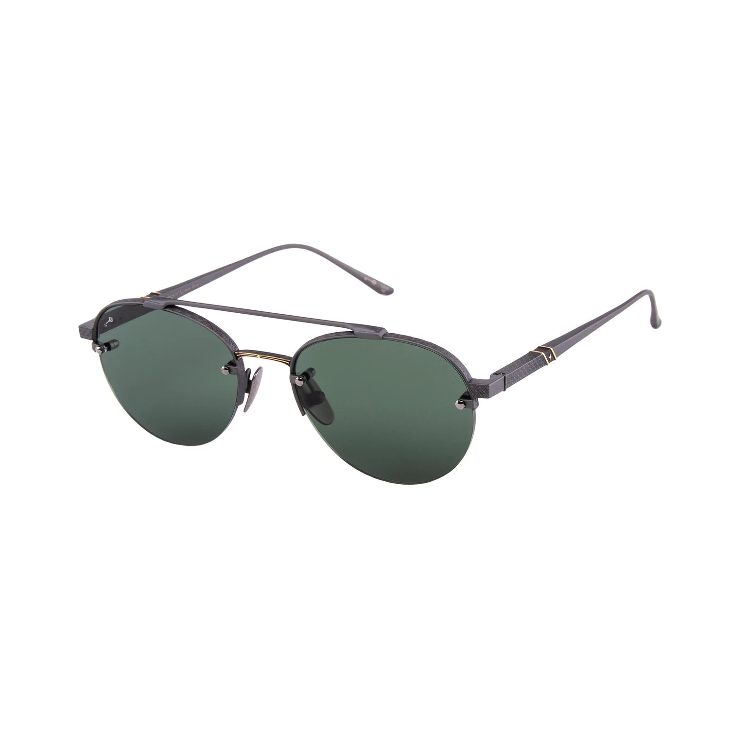Sunglasses with a green lens on a white background