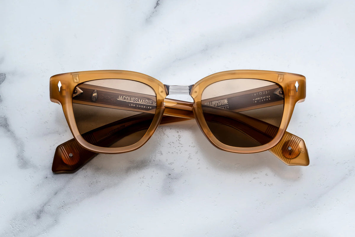 Jacques Marie Mage Yellowstone VII: Barronette In Brush handcrafted plant-based acetate sunglasses featuring a thick rectangular frame and brown tinted polarized mineral glass lenses.
