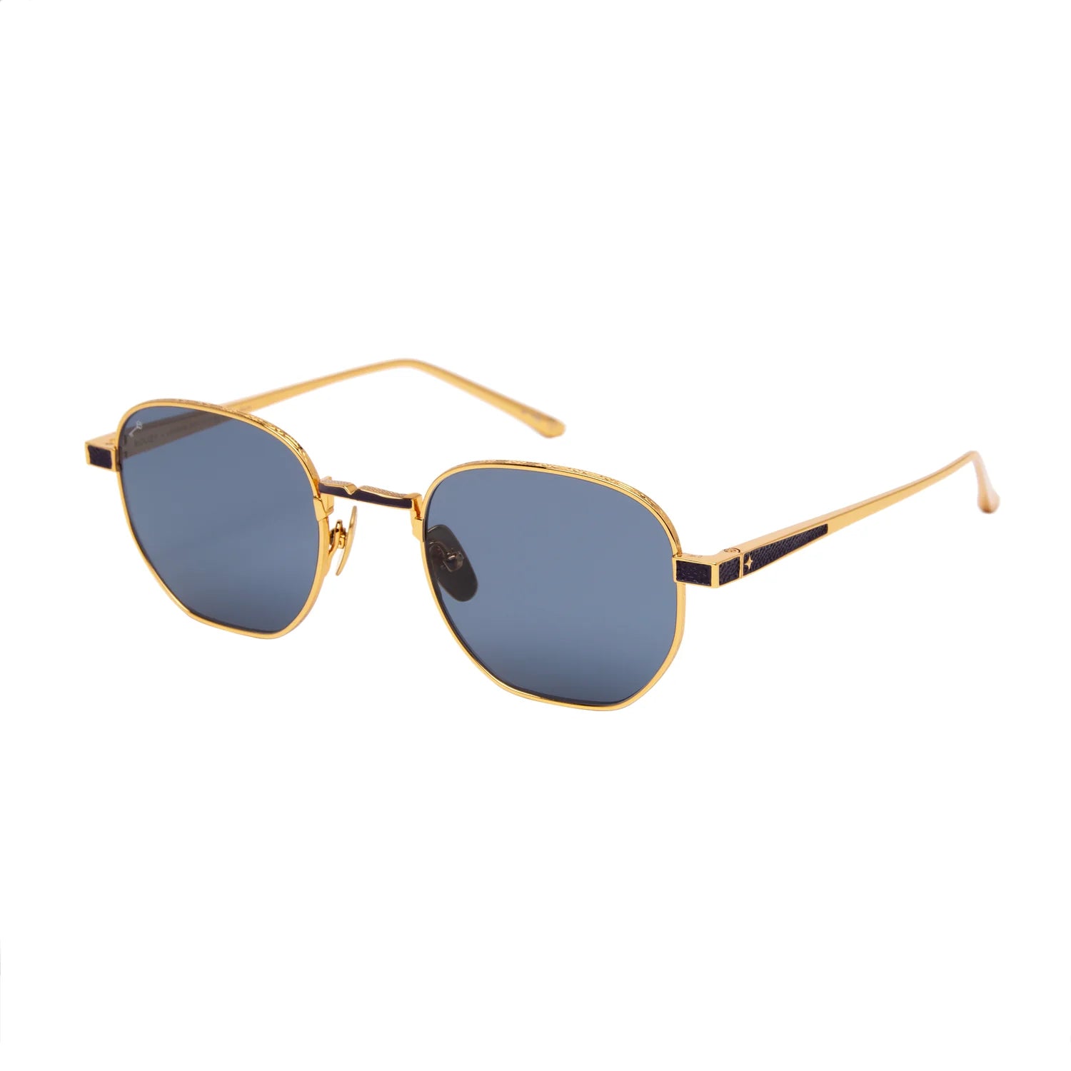 Sunglasses with gradient lenses and thin metal frame on a white background