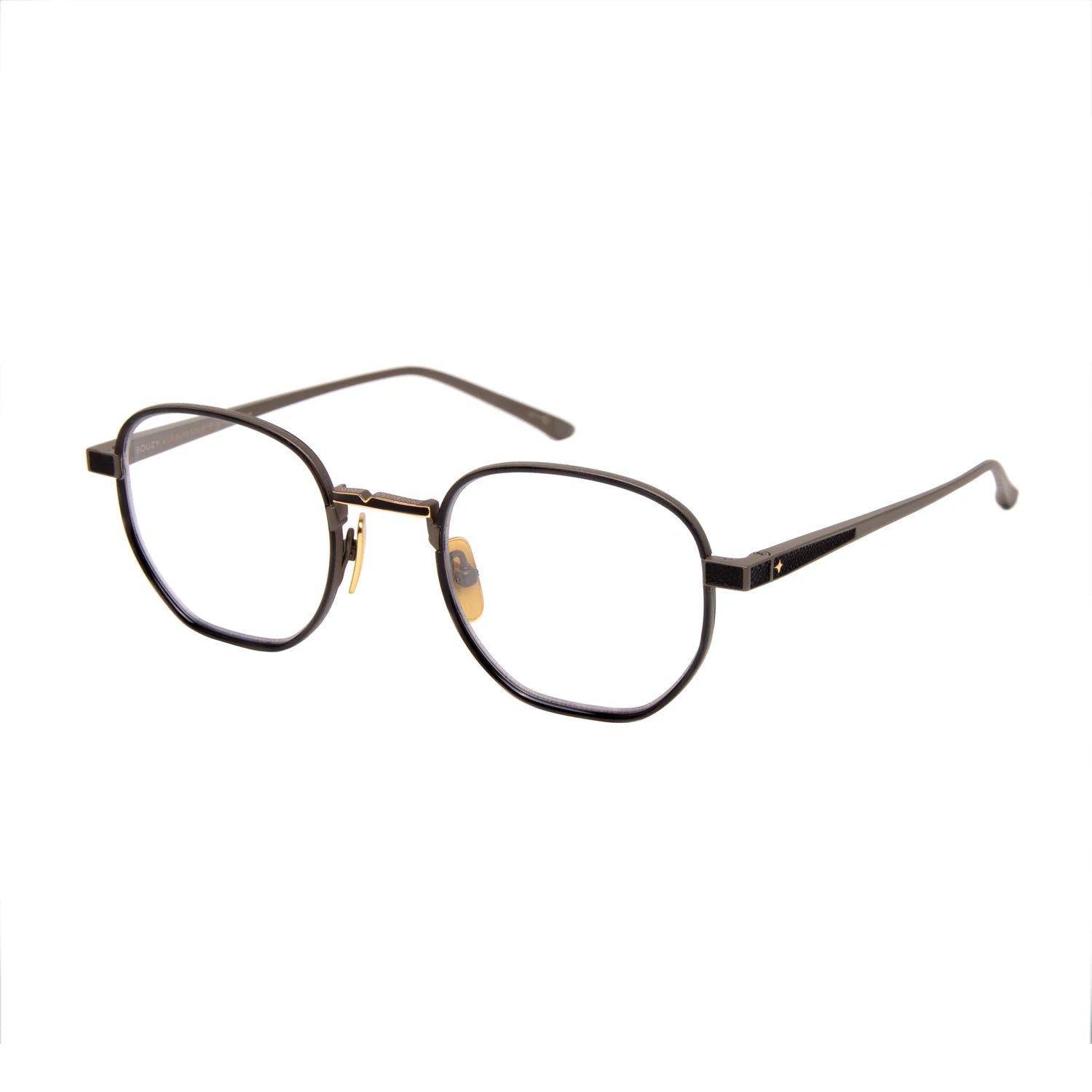 A pair of Leisure Society Bouzy black rectangular eyeglasses with thin rims and clear lenses, expertly crafted from titanium and handmade in Japan by Leisure Society, displayed on a white background.
