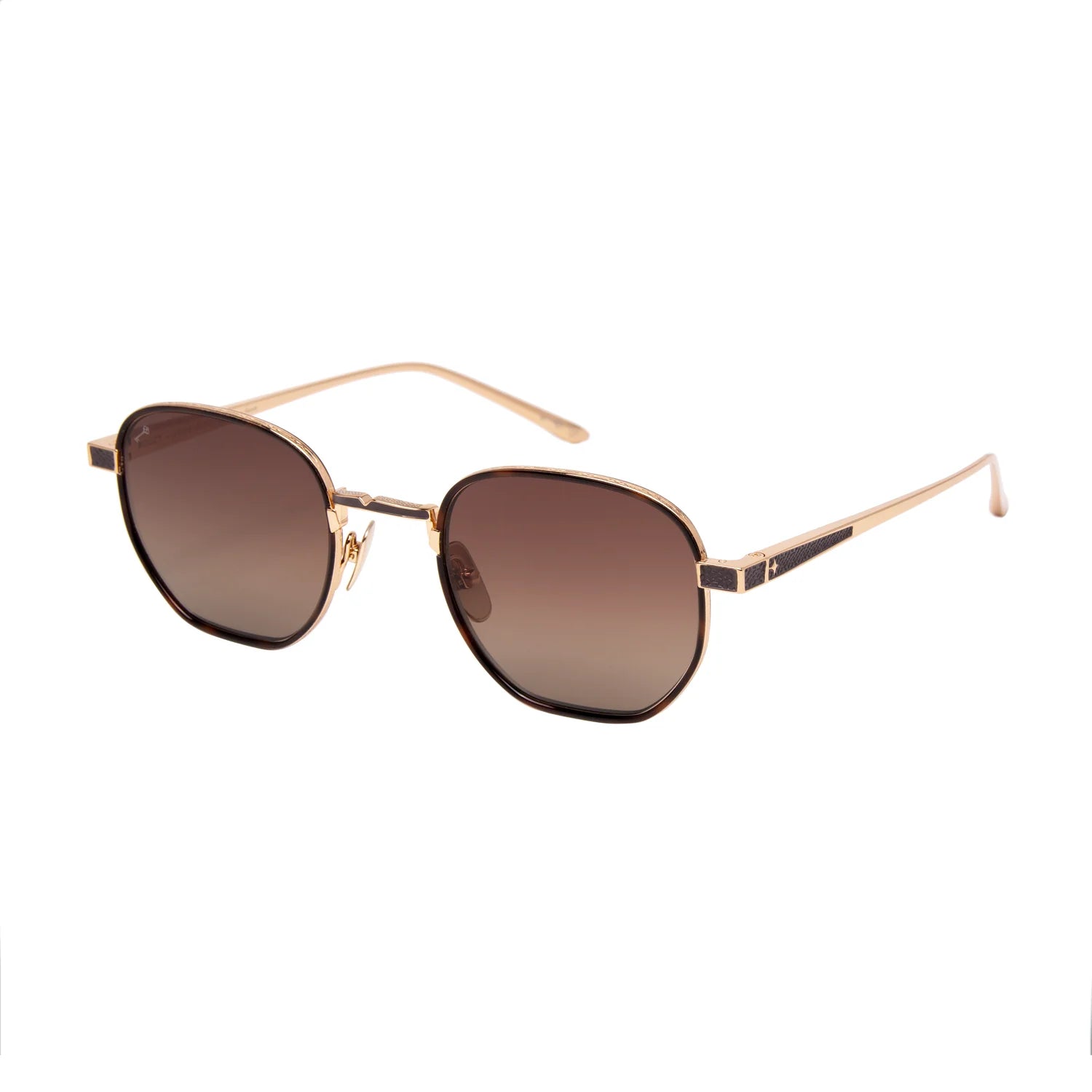Oval sunglasses with a gold metal frame and brown gradient lenses, shown on a plain white background.